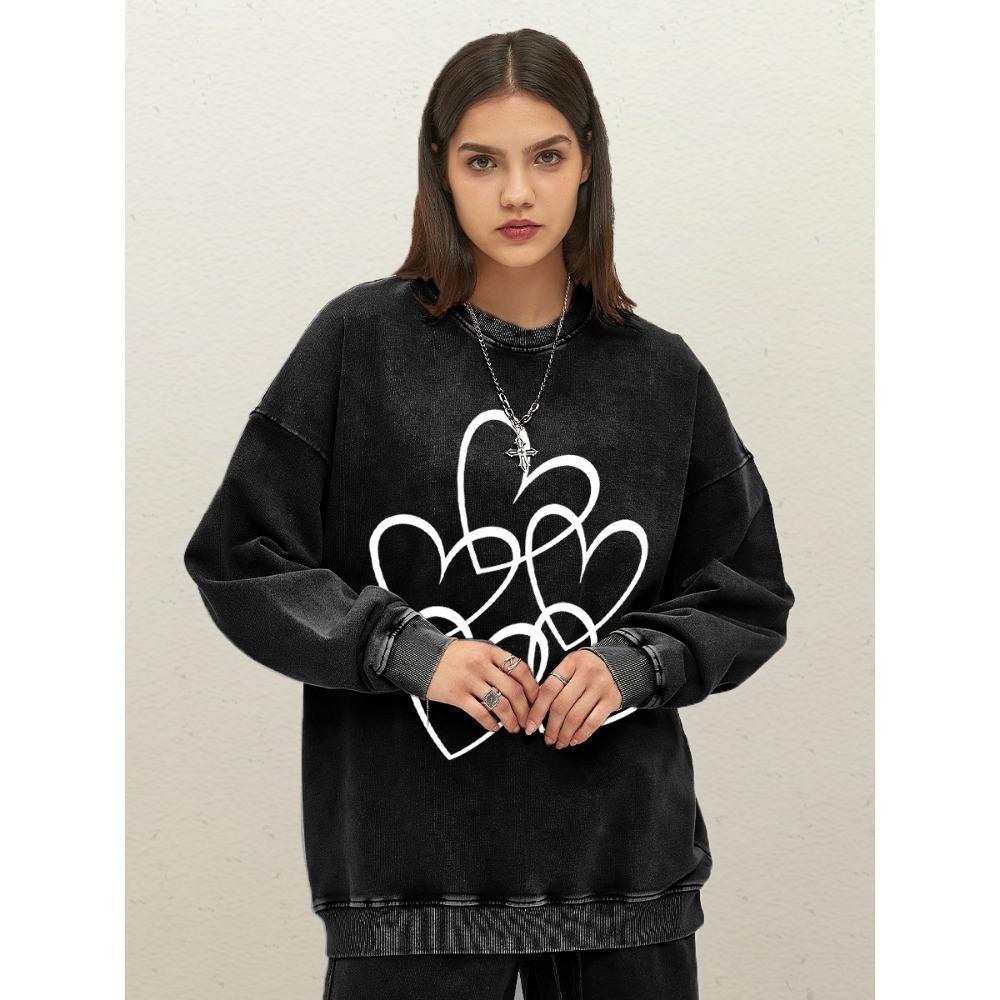 Creative Love Pattern Print Women Washed Sweatshirt Cotton Autumn Sportswear All-Match Crewneck Clothes Casual Loose