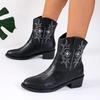 New Women Vintage Chunky Heels Western Cowboy Boots Block Heels Leather Ankle Boots Woman Autumn Winter Embroidered Knight Boots