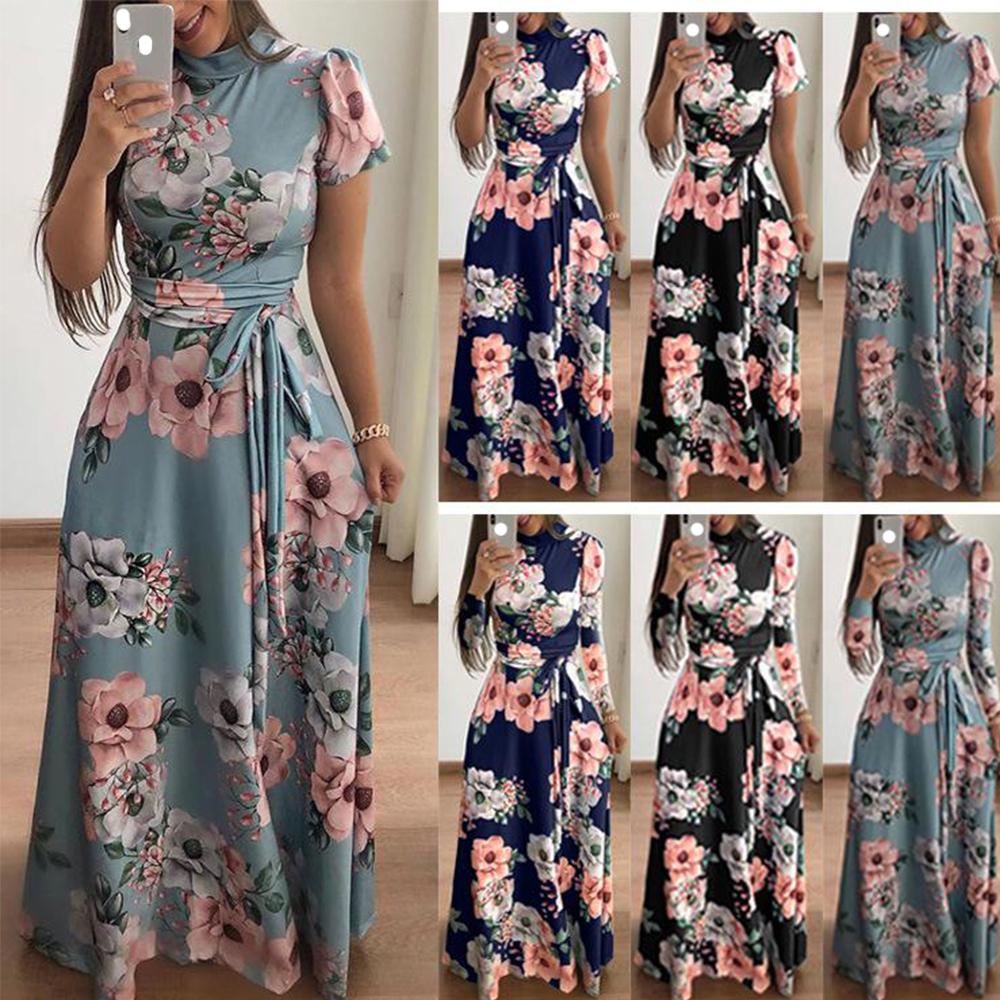 Autumn New Flower Print Short Sleeve Swing Dress Women's