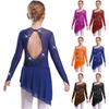 Girls Sparkly Rhinestones Dance Dress Mesh Long Sleeves Cutout Back Asymmetric Hem Figure Skating Dress