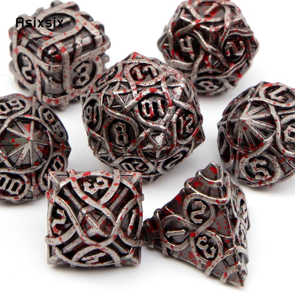 7 Pcs Silver Red Stripe Metal Dice Solid Metal Polyhedral Dice Set Suitable for Role-Playing RPG  Board Game Card Game
