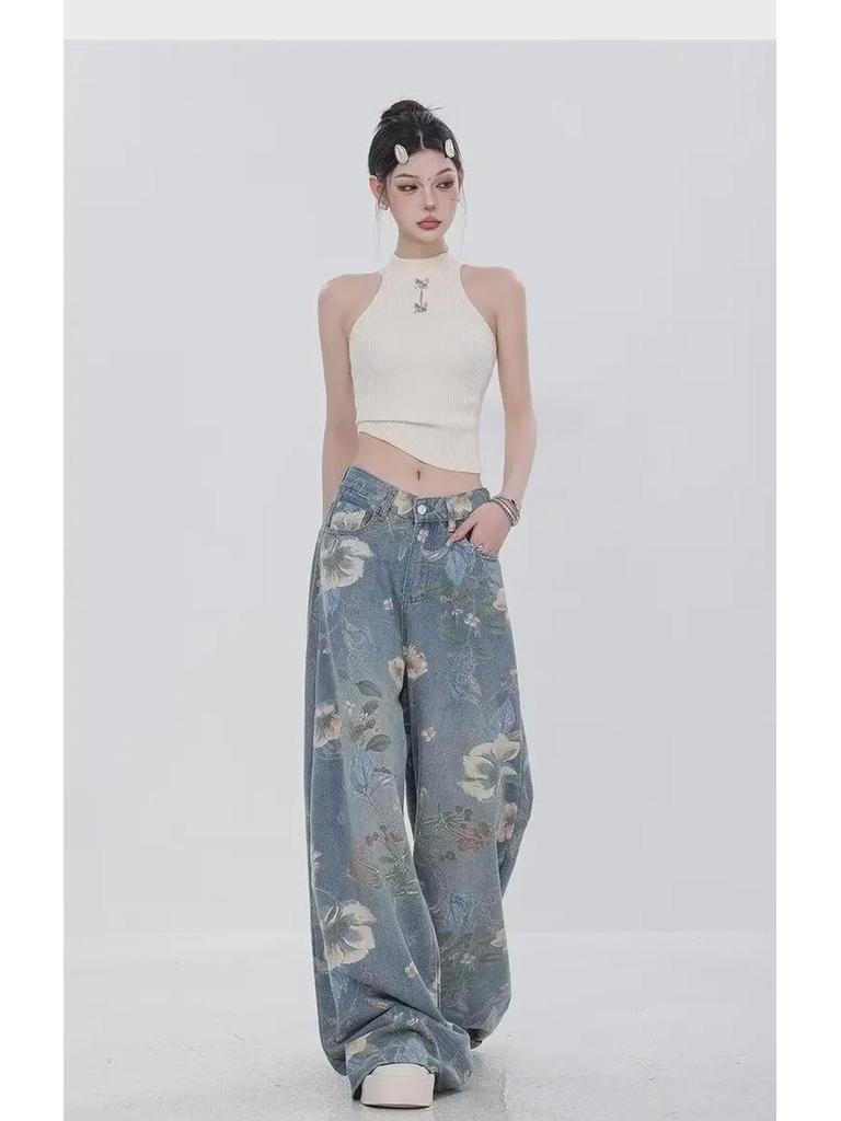 Женские ретро-синие джинсовые брюки широкого кроя - Летний стиль 2024 года