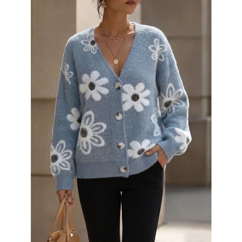 V Neck Floral Knit Cardigan Loose Long Sleeve Sweater Coat