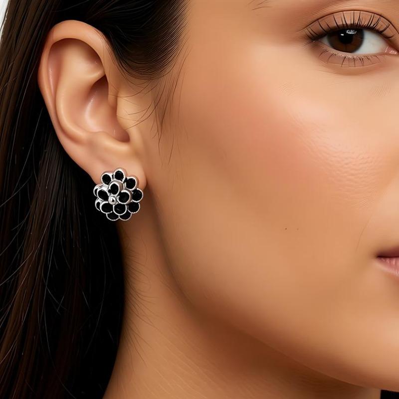 Black Awn Украшения Черные Украшения Черный Камень Цветок Серьги-Кольца