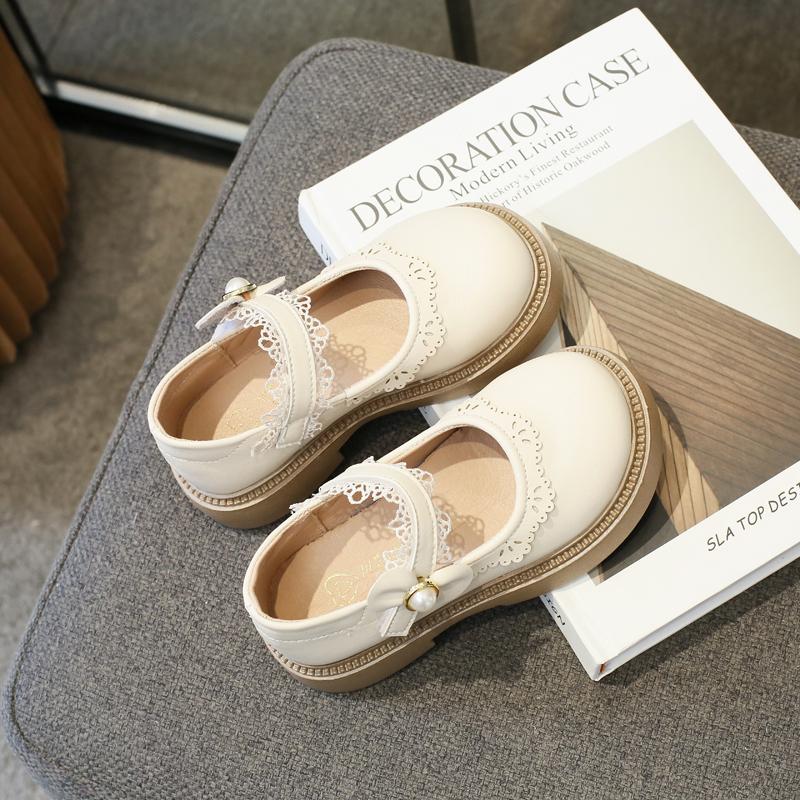 Детская кожаная обувь Весна и Осень Девочки Британский стиль Черный Осень Новые Кружева Жемчуг Липучка Детская Мода Повседневная Обувь