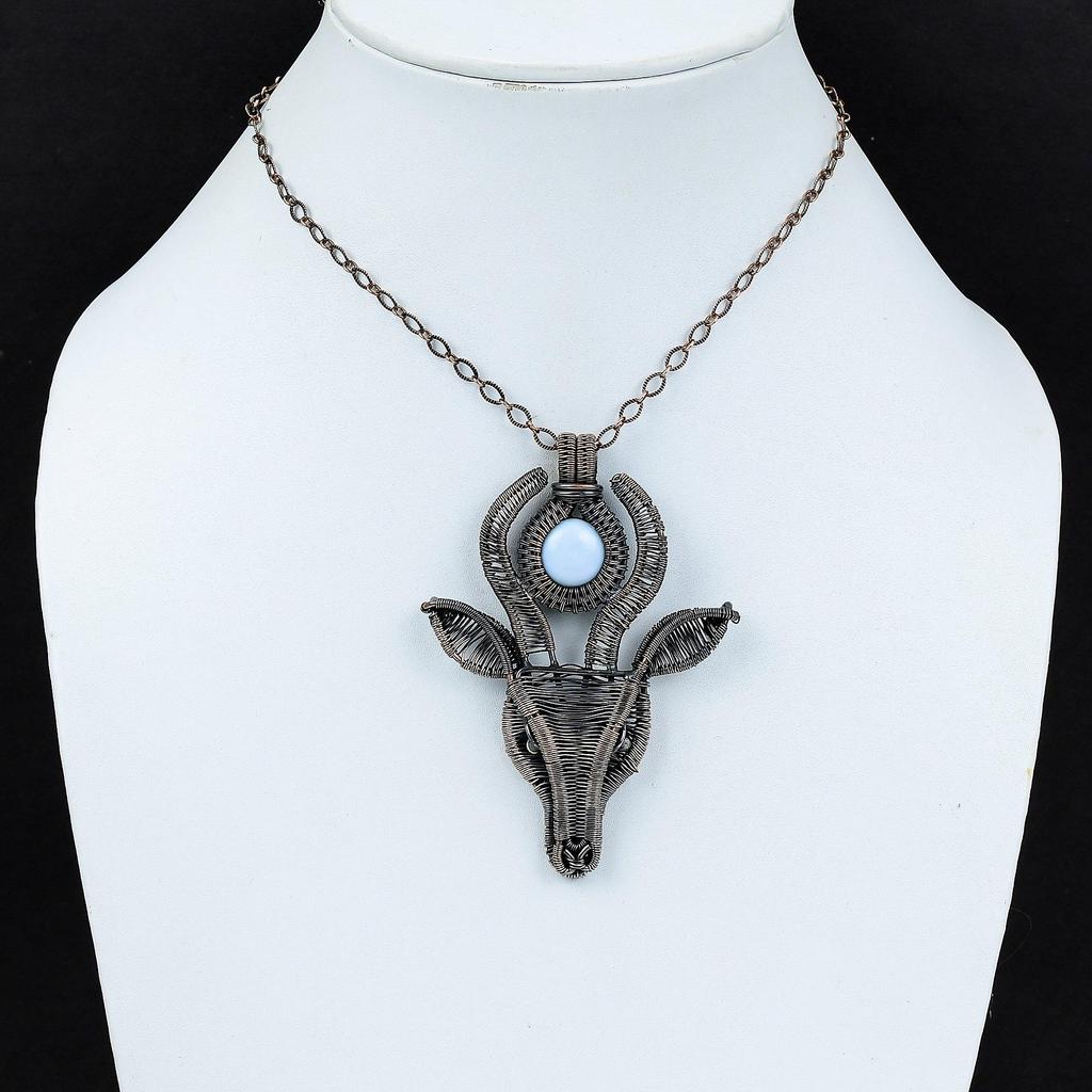 Кулон с опалом Оуайхи Блю, кулон, обмотанный медной проволокой, кулон ручной работы с коровьей мордой, кулон с драгоценным камнем для подарка, антикварный кулон, украшения из медной проволоки