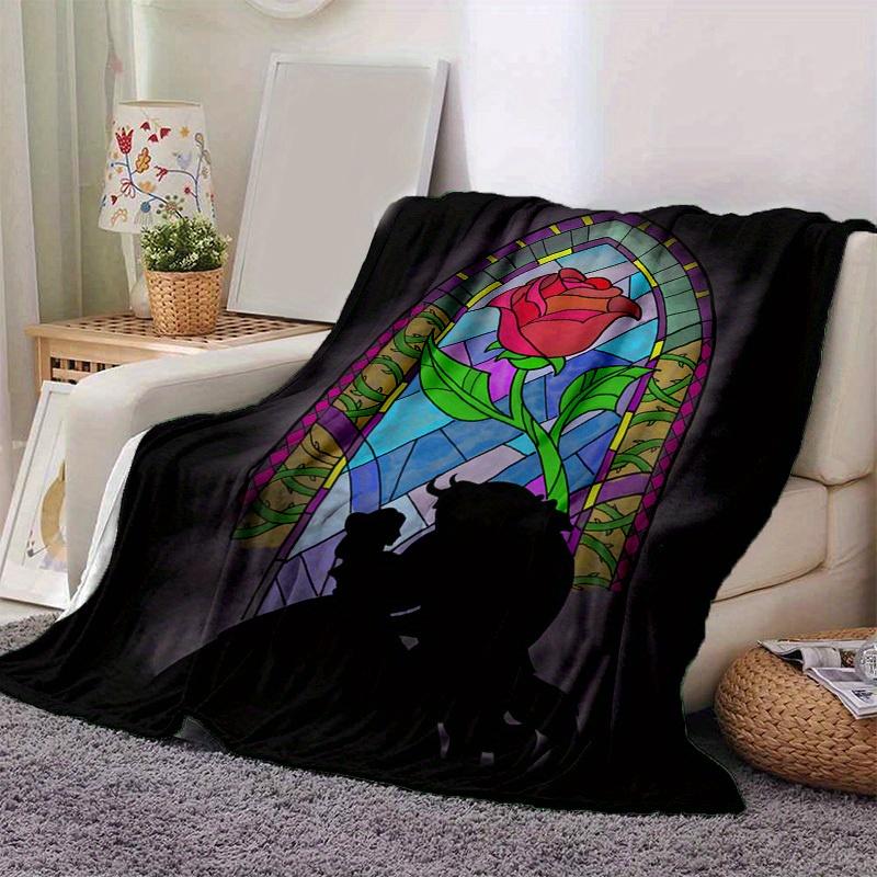 1pc Stained Glass Rose Window Silhouette Blanket, Home Decor, Office Throw, Outdoor Gift for Beauty Lovers (80x120cm)