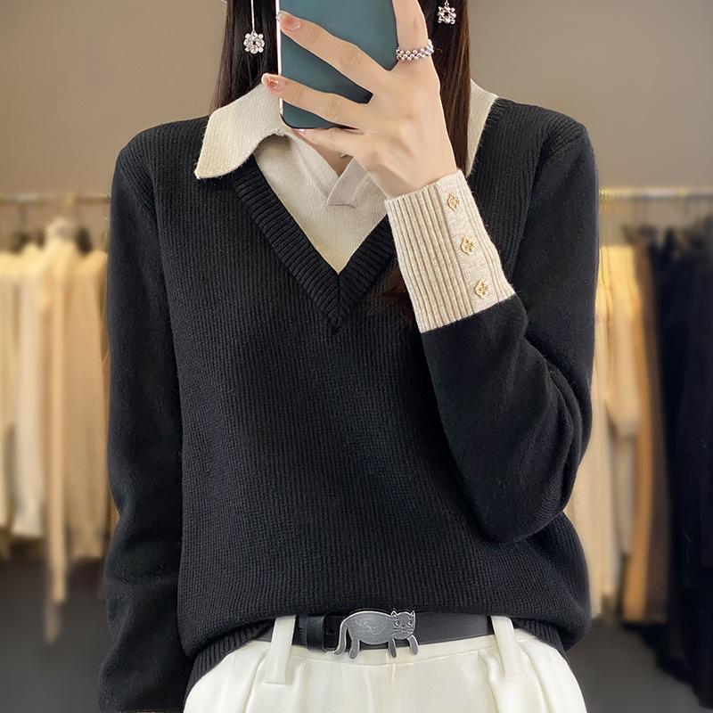 Women's Fall/Winter Maillard with a Wool-blend Fake Two-piece Shirt Collar Knit Rollover Pullover Sweater