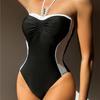 Sexy One Piece Swimsuit Women Pearl Strap Pleate Slim Monokini 2024 Black White Patchwork Bathing Suit Tummy Control Swimwear