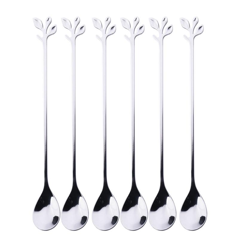 6 шт. Творческая личность Нержавеющая сталь Золотые ложки Дерево Лист Ложка Кофейная ложка Чайная ложка Домашний Ресторан Десерт Столовые приборы Набор