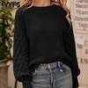 Women's Fashion Casual Fall Winter Solid Color Print Long Sleeve O-Neck Sweaters