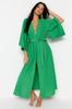 Women's Fashion New Kimono&Kaftan Green Belted Maxi Woven Linen Look KimonoKaftan