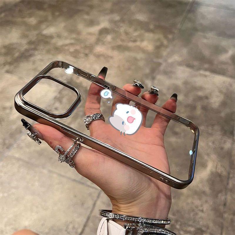 Electroplated Silver Frame Cat and Fish Design for Apple 17 Pro Max 16/15/14/13 Pro
