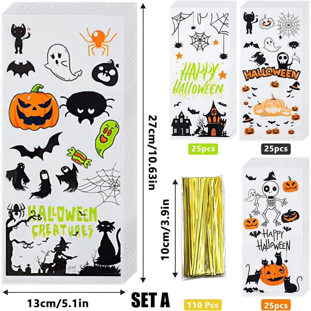 100 шт. целлофановых пакетов на Хэллоуин, прозрачный целлофановый пакет, подарочные пакеты для сладких конфет с завязками для вечеринки на Хэллоуин