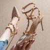Rivet Nude Pointed High Heels Women's Thin Heels 2025 Spring New Versatile Internet Celebrities Sexy Empty Large Size Shoes