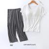 Women's Spring and Summer Thin Round Neck with Bra Pads Solid Colour Short Sleeved + Casual Seven Trousers Homewear Two Piece Set
