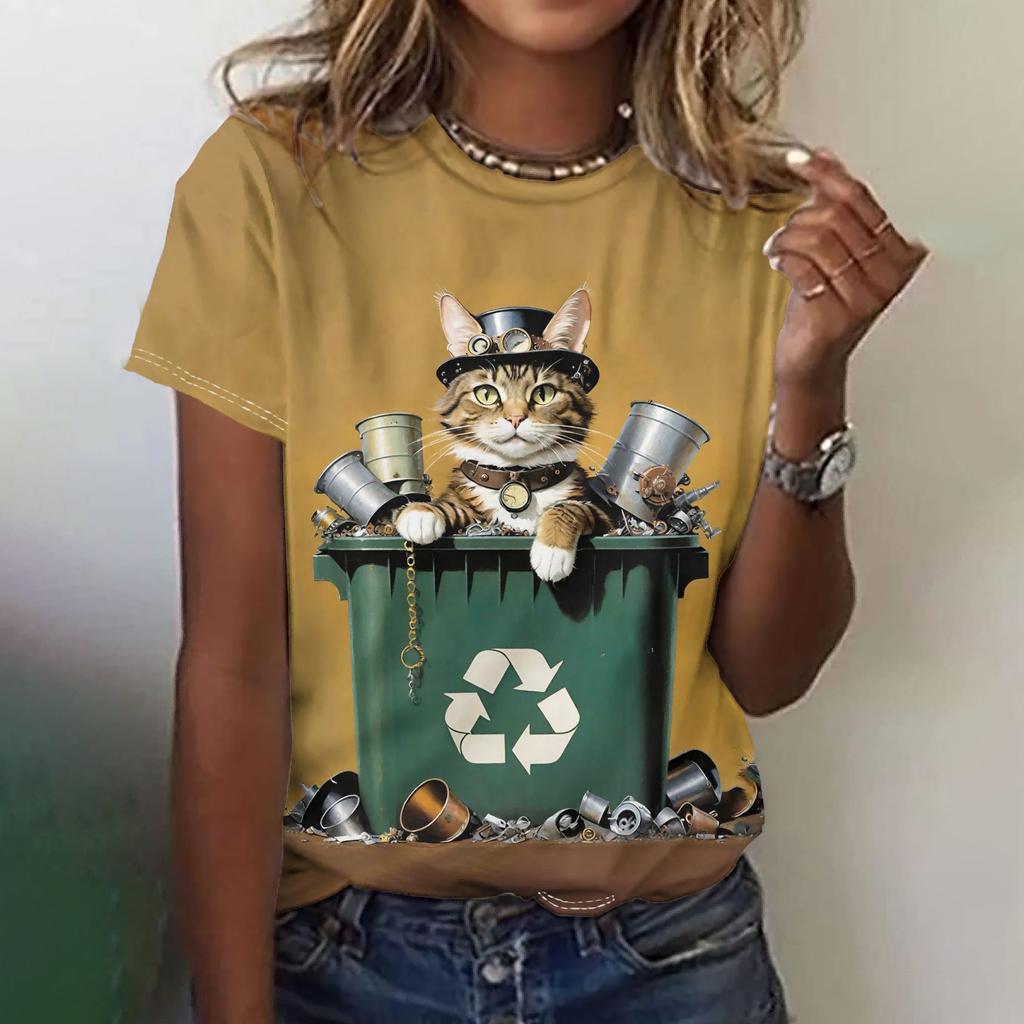 Fun Animal Pattern Women's T-shirt Cat Print Casual Short Sleeved Top