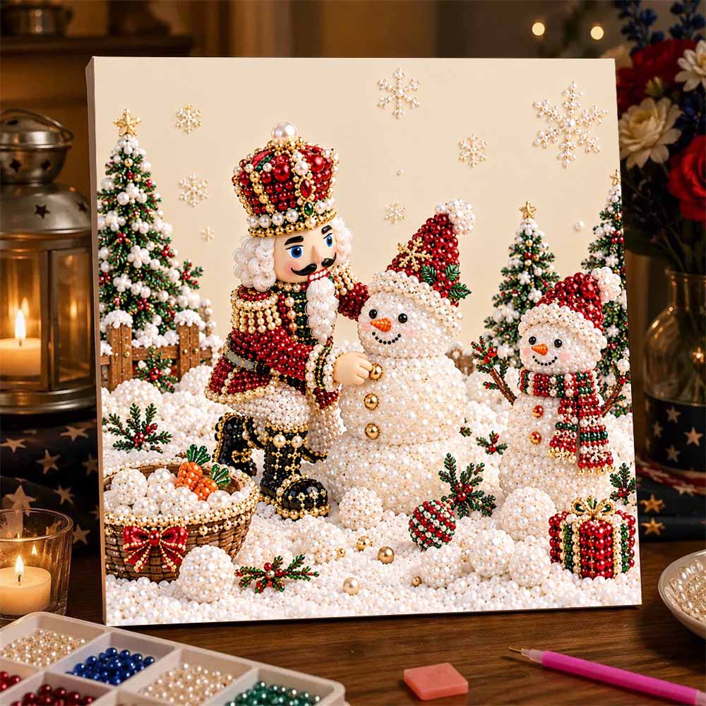 5D Pearl Painting Kit Framed with Nutcracker and Snowman Christmas Theme Sparkling Bead Art Canvas DIY Relaxing Craft for Wall Decor Gift