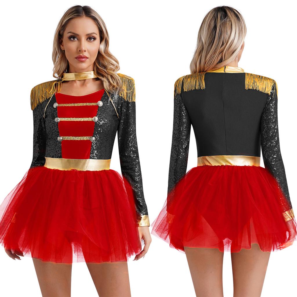 Women Sequins Circus Ringmaster Cosplay Costume Long Sleeve Fringed Shoulder Tulle Leotard Dress Halloween Dress Up Costume