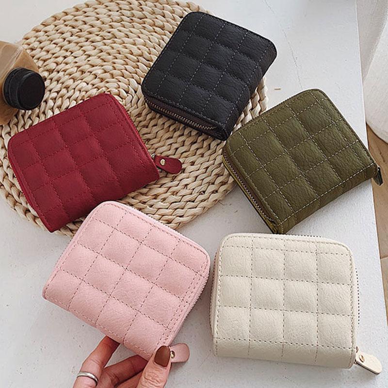 Women Fashion Small Zipper Wallet with Coin Purse PU Leather Plaid Purses Ladies Cute Mini Version Small Card Pack