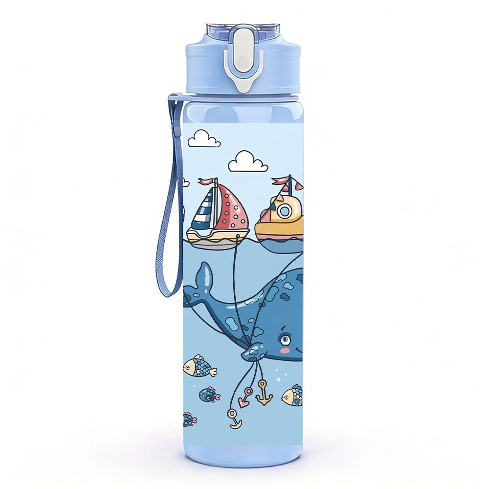 1PC Whale Ocean Cartoon Animal Print 750ml Color Plastic Sports Water Bottle Leakproof Flip Straw Lid Suitable for Sports Office Home Use