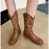 Грубый каблук Ковбойские сапоги в западном стиле Женские сапоги-рыцари с V-образным вырезом и вышивкой Ретро сапоги средней длины с квадратным носком из кожи