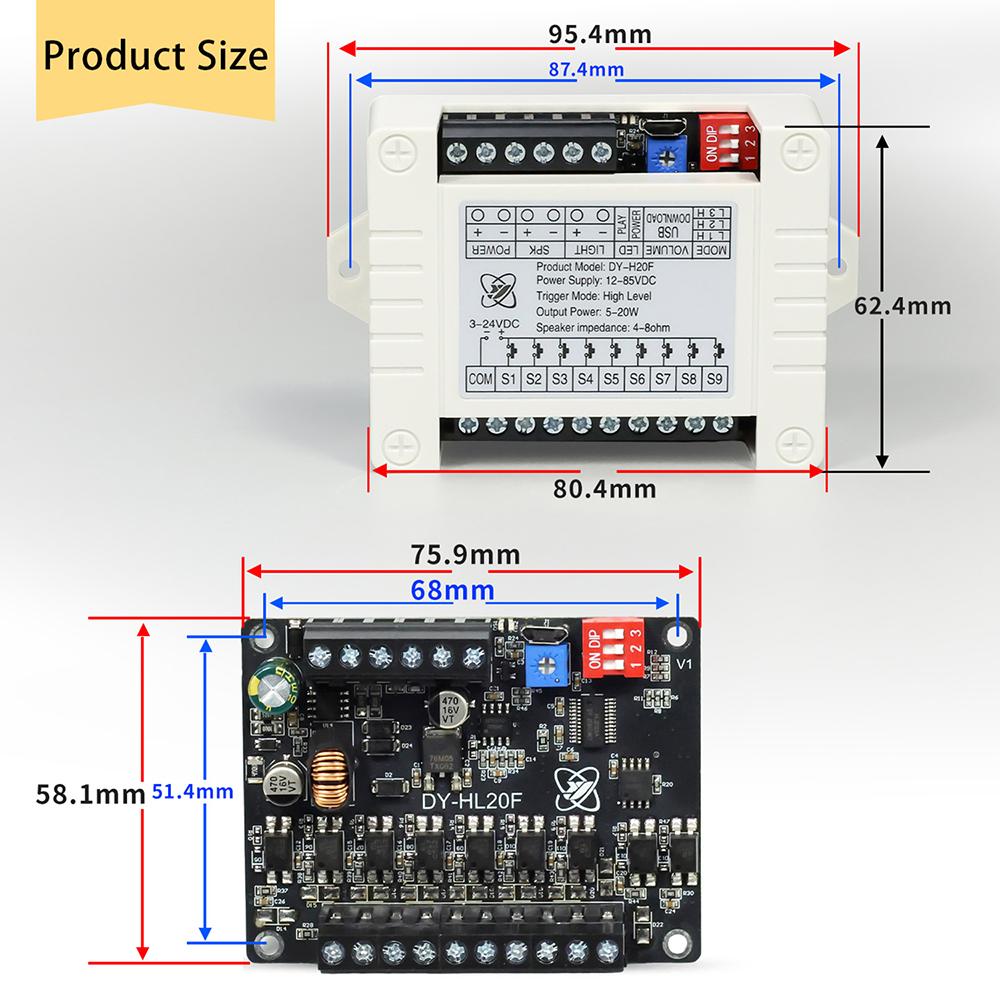 DC 12-85V MP3 Power Voice Broadcast Prompt Module 20W High And Low Level Trigger Audio Module 9 way 1 to 1 control