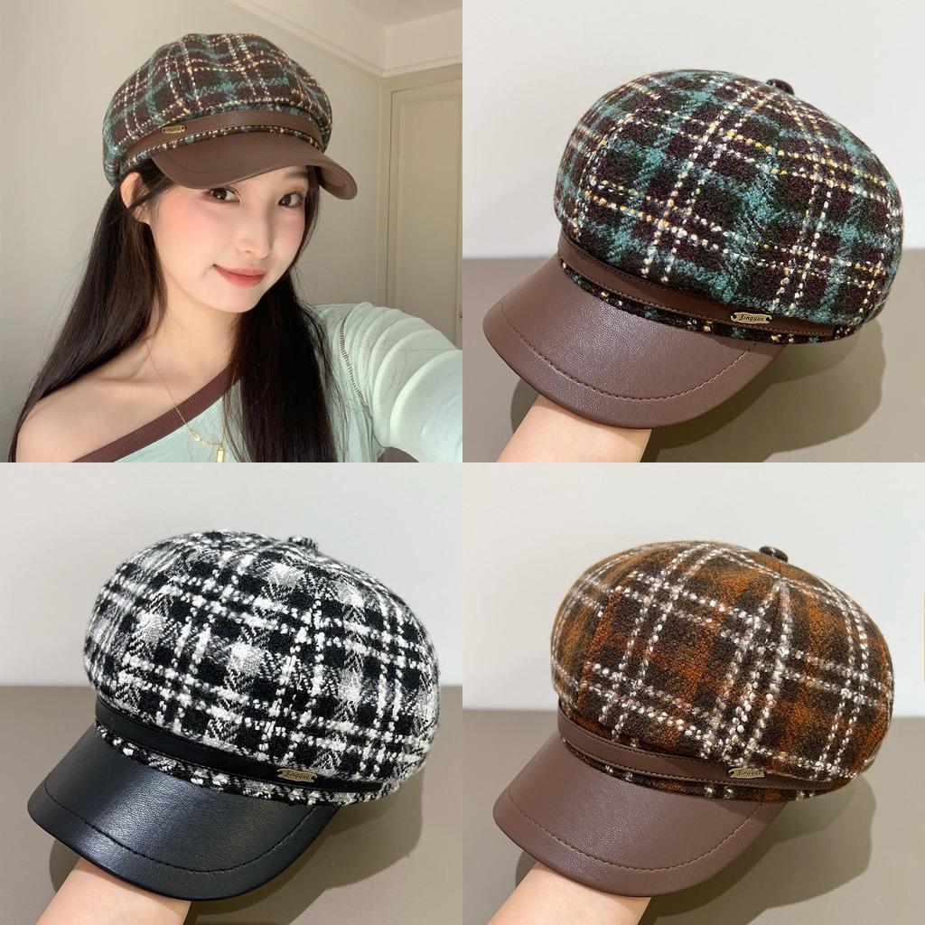 Vintage Plaid Beret Hat With Wide Brim For Women Winter Fashion Accessory