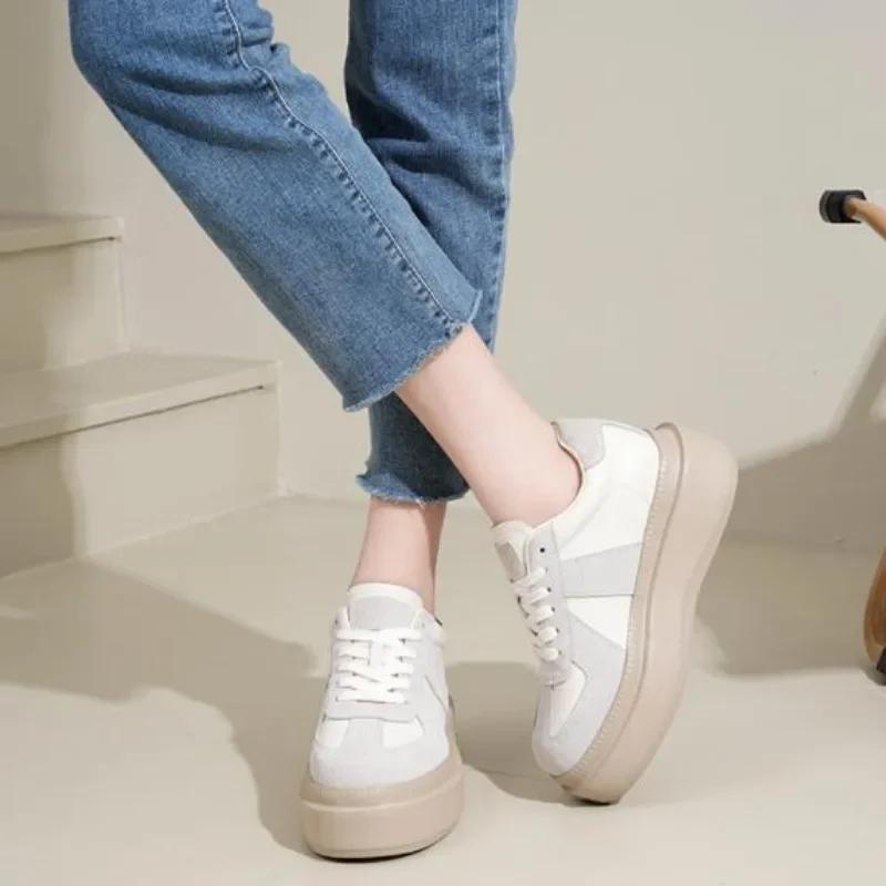 6CM Genuine Leather Women Casual Women Fashion Sneakers Chunky Shoes Spring Autumn Shoes Super Thick Platform Wedge Skateboard