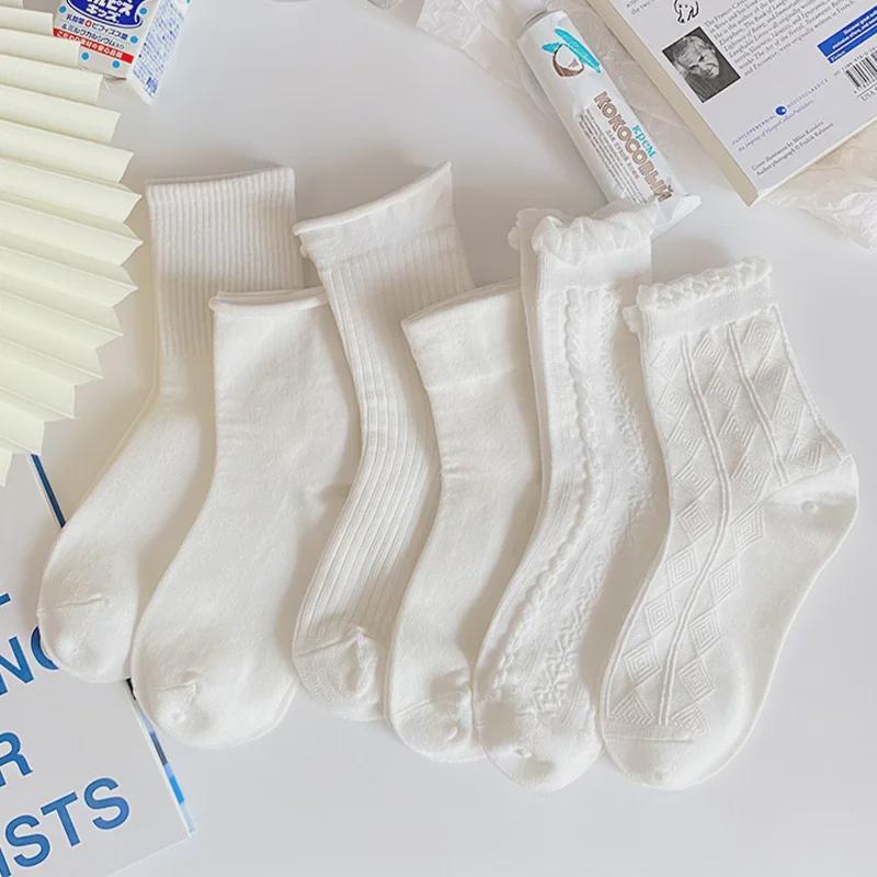 JK Spring/Summer Curled Women's Mid-Tube Cotton Socks – Trendy, Thin, Soft, Cute Japanese Style, Pure White