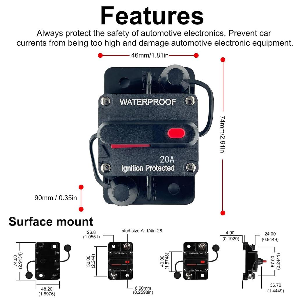 20 Amp Circuit Breaker 12V - 48V DC with Manual Reset Switch Button for Boat Trolling Motor Marine ATV Trailer Vehicles Stereo Audio Electronic