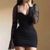 Autumn Socialite Quality Sexy Mesh Splicing Long Sleeve Slim Dress Woman