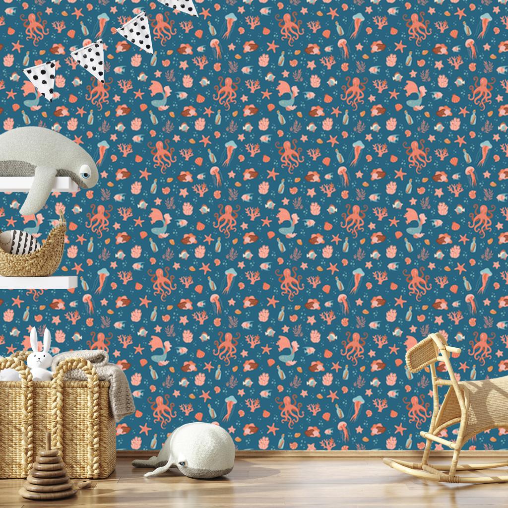Wallpaper Sea Animals Blue and Turquoise for Living Room and Bedroom 50x1000