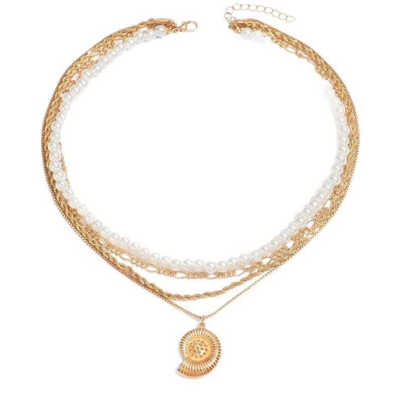 Imitation Pearl Conch Necklace Jewelry Light Luxury Pendant Multi-layer Stacking Design Sense Holiday Collarbone Chain Women