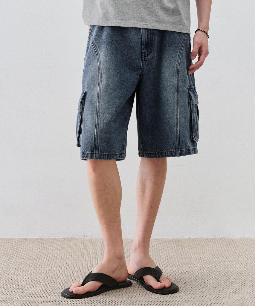 DRAW FIT Curved Line Cargo Denim Half Pants [Dusty Blue]