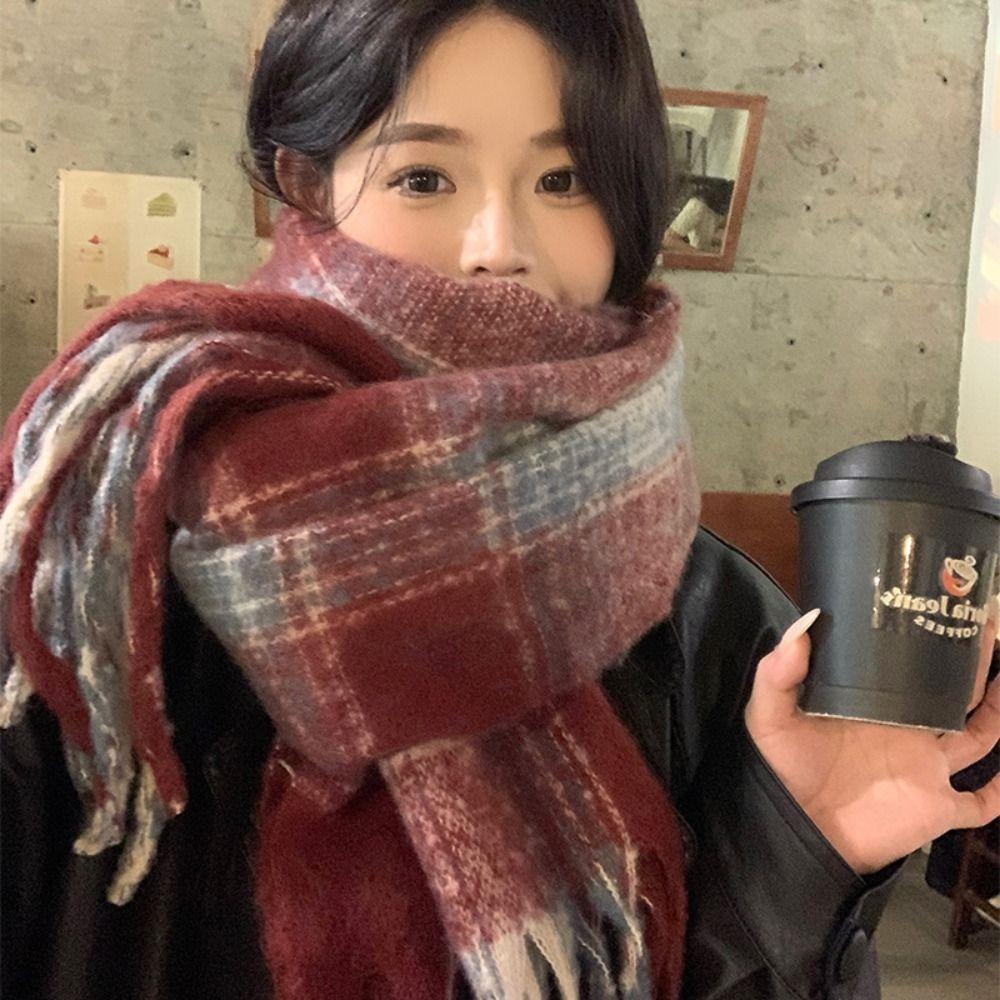 Mohair Winter Cashmere Scarves Tassel Long Shawl Retro Plaid Wool Scarf Student
