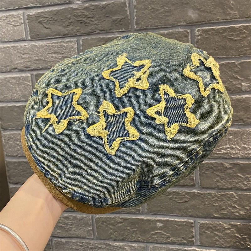 Four Seasons Washed Denim Hat Female Star Forward Cap Retro Beret Men's Versatile Show Small Fashion