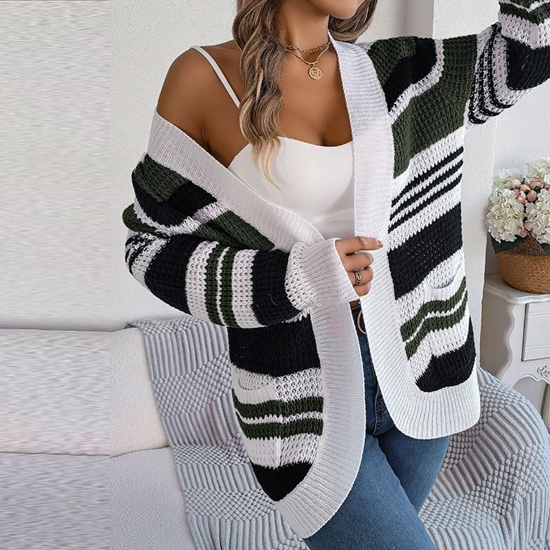 Женский осенне-зимний повседневный свитер в контрастную полоску с карманом и длинным рукавом, кардиган, пальто