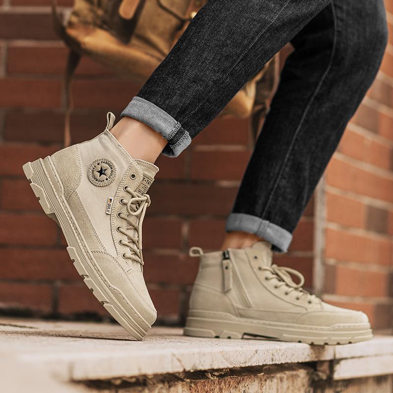 2025 Autumn Classical Shoes for Men Ankle Canvas Boots Fashion Patchwork High Tops Casual Shoes Street Cool Motorcycle Boots