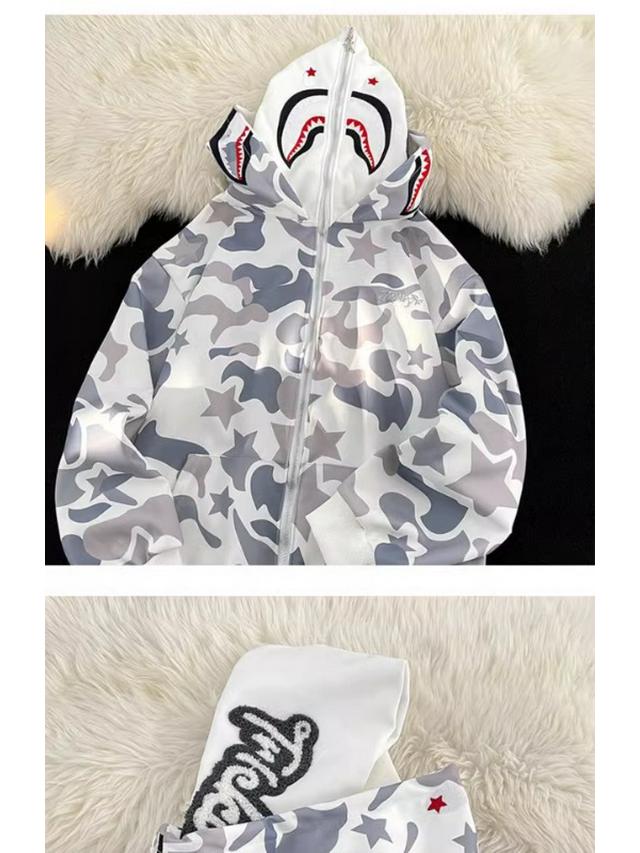 High Street Camo Shark Zip-Up Hoodie - Unisex, BF Style, Long Sleeve with Towel Embroidery