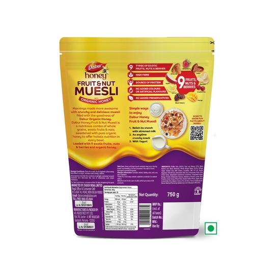 Dabur Honey Fruit & Nut Muesli with Organic Honey - 750g | With Exotic Fruits, Nuts & Berries | No Aritificial Flavours, Preservatives & Colors