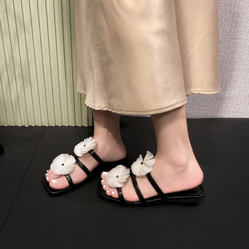 Fashion Aphixta Women Flat With Slides White Flower Dec Woman Slippers Summer Beach Square Toe Casual Shoes Woman 2025 Trend Shoes