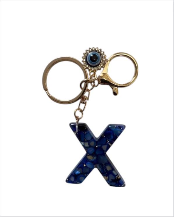 Blue Resin Initial Keychain - Evil Eye Letter Charm with Rhinestones & Tassel, Stylish Gift for Women, Lobster Clasp Accessory