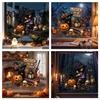 No Glue Window Art Halloween Witch/Black Cat Glass Stickers, Double-sided PVC Waterproof Clings, Removable Static Stickers Decals with Pumpkins Skulls