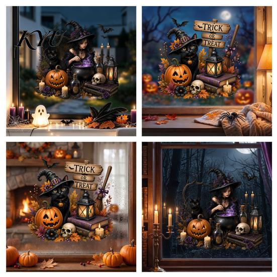 No Glue Window Art Halloween Witch/Black Cat Glass Stickers, Double-sided PVC Waterproof Clings, Removable Static Stickers Decals with Pumpkins Skulls