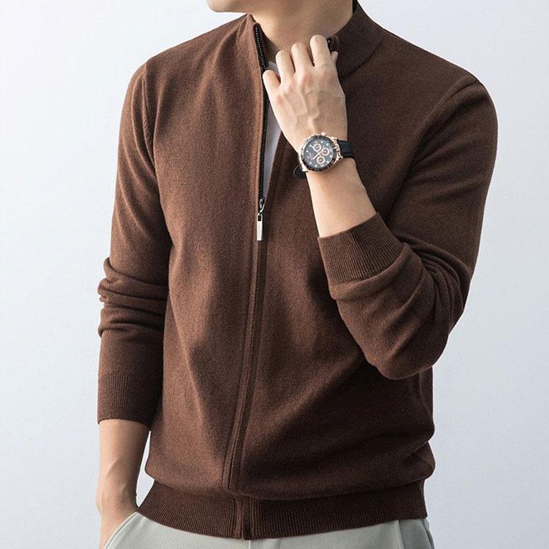Повседневный вязаный кардиган с воротником-стойкой, мужская одежда, стильная застежка-молния, осень-зима, винтажный, однотонный, базовый, с длинным рукавом, свитера
