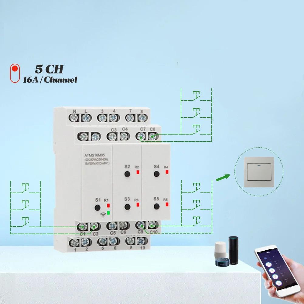 Для Tuya WIFI 5-канальный умный таймер-переключатель с внешним переключателем, дистанционное управление для бытового использования, простая установка