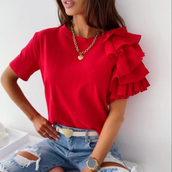 Блузка, повседневная уличная футболка с короткими рукавами, асимметричная футболка с рюшами и топом на лето