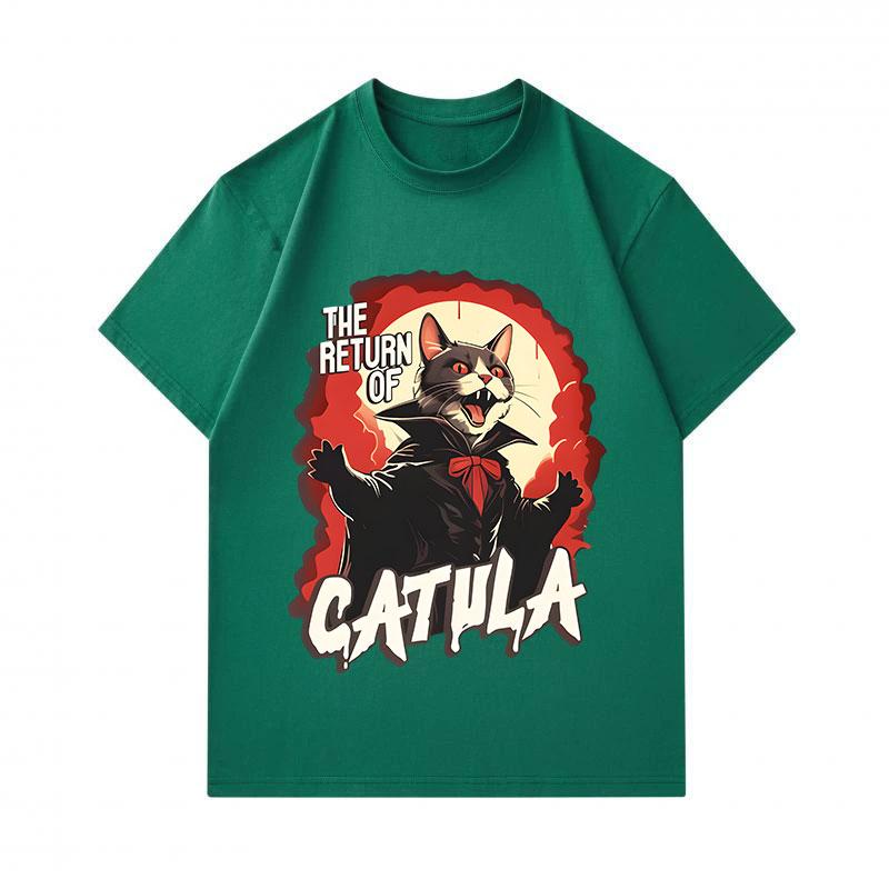 Men's 100% Cotton Crew Neck Short Sleeve T-Shirt, The Return of Catula Vampire Cat Print Casual Halloween Costume Top for Daily Wear