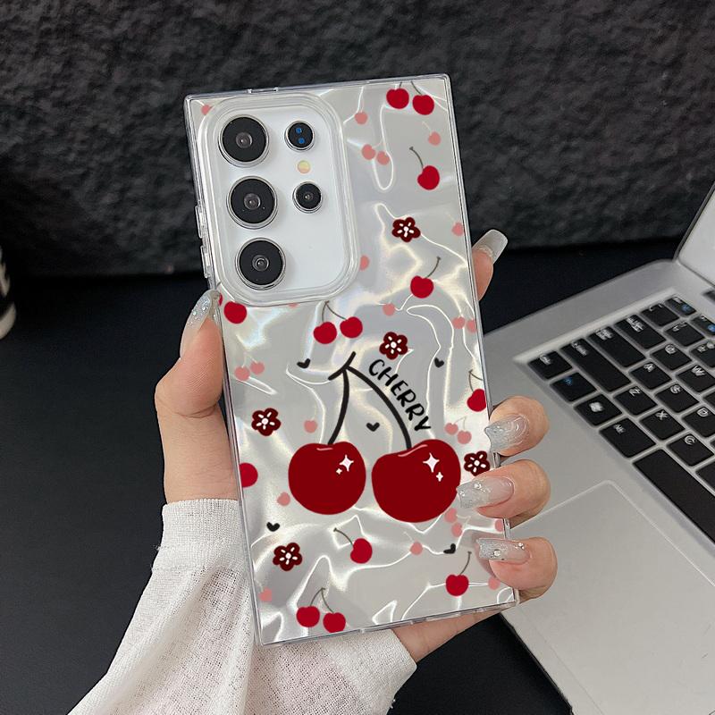 Чехол для телефона с перьями и узором вишни для Samsung S25 Ultra S24 FE S23 A56 A36 A16 A55 с мягким краем, тонкий, ударопрочный, блестящий, жесткий чехол-бампер из ПК
